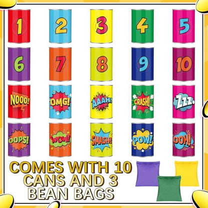 13 Pcs of Bean Bag Toss Game Carnival Knockdown Can Throwing Game Sets 10 Tin Cans with Letter or Number Pattern and 3 Bean Bag for Kids Holiday Easter Party Outdoor Lawn Yard Activity - style: Comic Style