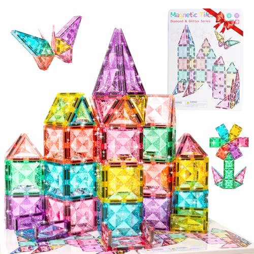 WMXDU Large Pastel Magnetic Tiles - 48 Pcs Macaron-Colored Glitter Magnetic Blocks with Travel Metal Storage Box - Diamond STEM Toys for Girls Ages 3-8 - Portable Sensory Building Set for Kids - style: 48pcs-Large Glitter