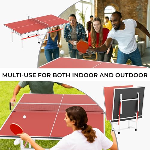 8FT Table Tennis Table with Net, Indoor/Outdoor Professional Ping Pong Table for Kids Adults, Folding Ping Pong Table, Complete Set with Paddles and Balls, School Playground Game Table - color: Red