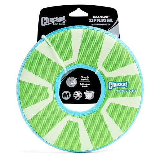 Chuckit! Max Glow Zipflight Flying Disc Dog Toy - Water Floating Flyer for Beach and Pool - Durable Polyester Construction - For Medium and Large Dogs - Size Medium - 8.5” L x 8.5” W - Pack of 1 - size: Medium
