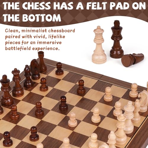 15 Inch Magnetic Wooden Chess Set with Storage, Folding Chess Board Game with Strong Magnets, Tournament Size 3 Inch King, 2 Extra Queens, Portable Travel Chess Set for Adults & Kids