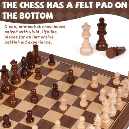 15 Inch Magnetic Wooden Chess Set with Storage, Folding Chess Board Game with Strong Magnets, Tournament Size 3 Inch King, 2 Extra Queens, Portable Travel Chess Set for Adults & Kids