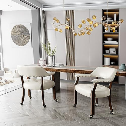 Set of 4 Dining Chair with Casters, Accent Captains Leather Chairs with Wheels & Arms,Wheeled Roller Wood Chairs for Kitchen & Game Poker Table,Espresso&Ivory 318WT(NO Table!) - color: Espresso&ivory