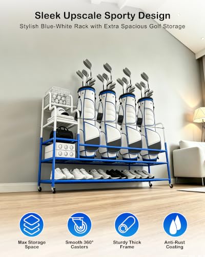 Golf Bag Storage Garage Organizer for 4 Bags, Golf Storage Rack with Wheels | 50% More Space Multi-Zone,All-In-One Compact 5-tier Heavy-Duty Rack,4 360° Casters,Movable Basket,Extra Bottom Storage,Gifts - size: 4 Golf Bag Rack丨60"(L)x15.8(W)"x44.6"(H)