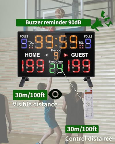 LUCKY TIME Basketball Scoreboard with Shot Clock, 12/14/24/30/25/60 Seconds, Upgraded Thickening Digital Scoreboard with Remote, Battery Powered Electronic Scoreboard for Indoor Outdoor - style: Single-Sided (Remote Control)