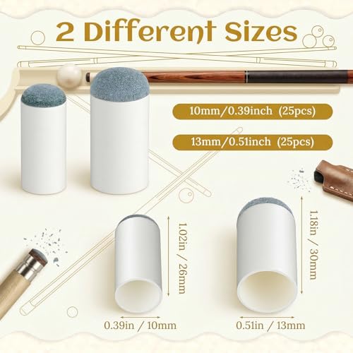 50pcs 2 Sizes Slip On Pool Cue Tips Billiard Stick Tip Replacement Kit No Glue or Tool Required Billiard Table Accessories Repair Kit for Snooker and Pool Cues (10mm, 13mm, 25pcs Each)