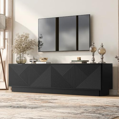 HABITRIO4-Door Wave Design Storage Cabinet with Adjustable Shelves and LED Accent Lighting, Wooden Display Cabinet for Living Room, Bedroom, Home Office, Space-Saving, Black - color: Black