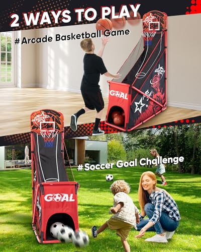 Foldable Basketball Arcade Game for Kids: 2 in 1 Basketball Hoop and Soccer Goal Set with Sturdy Metal Frame - Portable Indoor Outdoor Sports Toys for Boys Girls Ages 3-8
