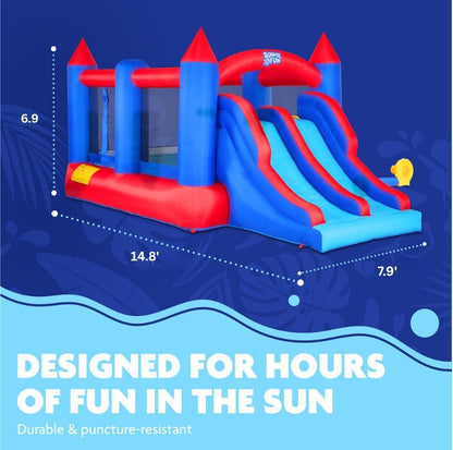 Sunny & Fun Inflatable Bouncy Castle with Dual Slide – Heavy-Duty for Outdoor Fun - Climbing Wall, Slides, Bounce House – Easy to Set Up & Inflate with Included Air Pump & Carrying Case
