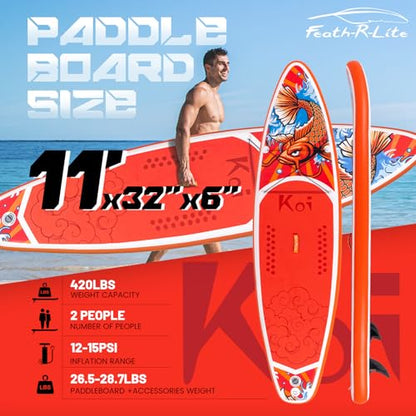 FEATH-R-LITE Inflatable Paddle Board Stand Up Paddleboards for Adults SUP with Premium Accessories Pump, Adjustable Paddle, Leash, Three Fins, Backpack - style: Red Koi
