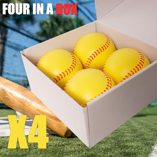 GKK 12 inch Foam Training Softballs, Yellow with Red Spray Lines 4-Pack Hitting Practice, Suitable for Teenagers, Practice Throwing, Safe for Soft Materials