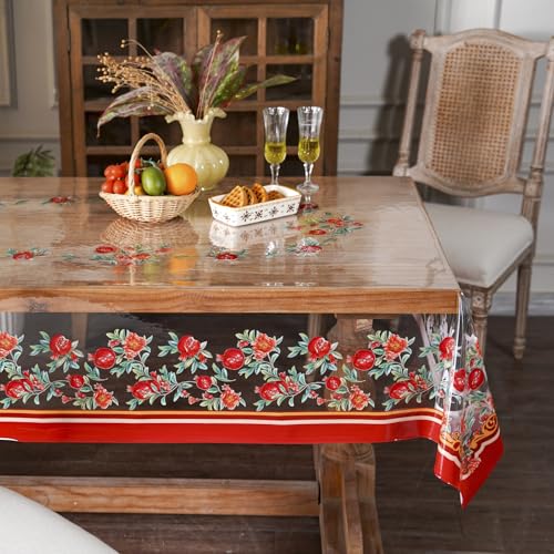 ARTABLE Clear Table Cloth Protector Vinyl PVC Rectangle with Floral Print Pattern Oil Proof Wipe-able Plastic Tablecloths for Dining Tables Parties Holidays (Pomegranate, 84" x 60" (Rectangular)) - color: Pomegranate, size: 84" x 60" (Rectangular)
