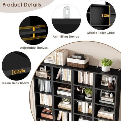 FOTOSOK 71'' Tall Bookshelf with 21 Cubes, 8 Tier Triple Wide Black Bookshelf with 8 Adjustable Shelves, 35" Large Bookcase DVD/CD Media Tower Storage, Freestanding Display Shelf Cabinet, Black - color: Black