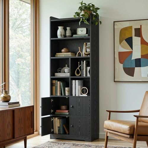 IRONCK Bookshelf with Doors, Book Shelf with Storage Shelves, 74.6 in Tall Bookcase for Home Office, Living Room, Bedroom, Black - color: Black