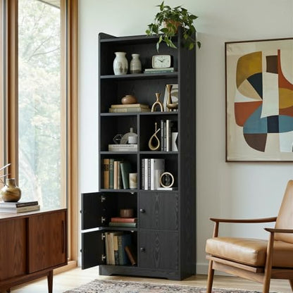 IRONCK Bookshelf with Doors, Book Shelf with Storage Shelves, 74.6 in Tall Bookcase for Home Office, Living Room, Bedroom, Black - color: Black