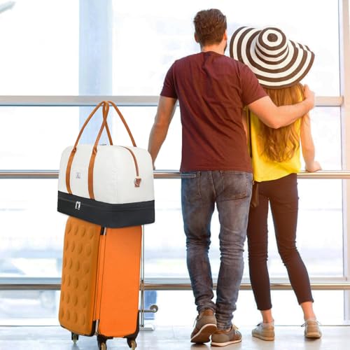 Weekender Bag for Women, Large Overnight Bag Canvas Travel Duffel Bag Carry On Tote with Shoe Compartment 21" 3Pcs Set - color: D03-beige