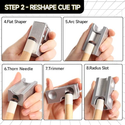 GSE Games & Sports Expert Billiard Pool Cue Tip Tool, Stick Scuffer/Shaper/Aerator/Joint Protector Tool, Billiard Accessories - style: Silver 8-in-1 Tool