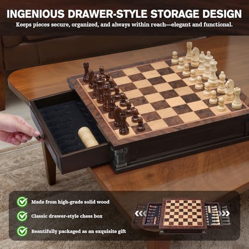 Peradix Magnetic Chess Set with 2 Built-in Storage Drawers, 15'' Wooden Strategy Board Games, 2 Extra Queens, Luxury Magnet Chess Game for Adults, Kids and Family Game Night, Gift Package - size: 15 Inches
