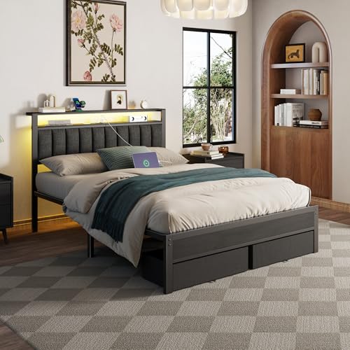 Furnulem Queen Bed Frame with Charging Station and LED Lights, Grey Upholstered Headboard with Shelves, Metal Platform Bed with 2 Under-Bed Storage (Fabric Drawer on Wheels), No Box Spring Needed - size: Queen