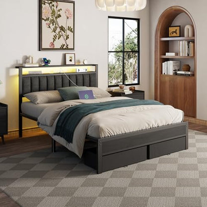 Furnulem Queen Bed Frame with Charging Station and LED Lights, Grey Upholstered Headboard with Shelves, Metal Platform Bed with 2 Under-Bed Storage (Fabric Drawer on Wheels), No Box Spring Needed - size: Queen