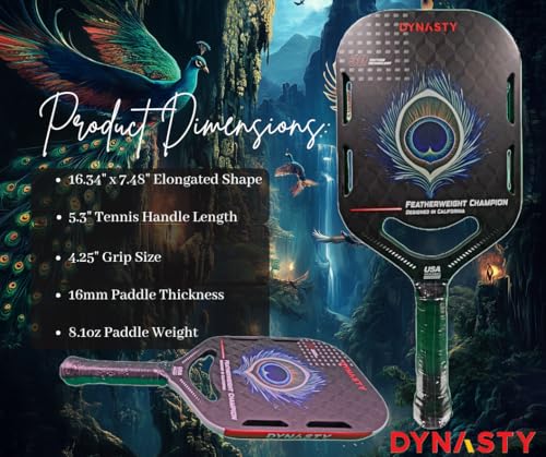 Dynasty Heavyweight/Feather T700 Triple-Layer Raw Carbon Fiber + Friction Surface 16mm Aero *Gen 3.5 All-Court Power Pickleball Paddle* / Hall of Famer 18K *Control+Spin* - color: Featherweight 3D 18K Peacock