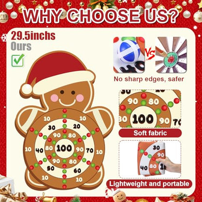 Gemscream 12 Pcs Christmas Game Christmas Dart Board Game Set with Large Gingerbread Man Dart Board Sticky Balls 20.87 × 29.53 inches for Merry Xmas Party Gift Decorations Family Games Indoor Outdoor
