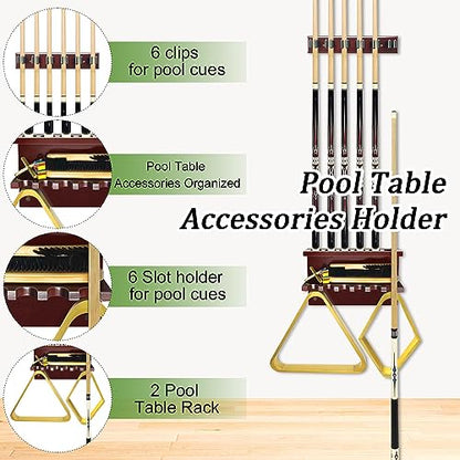 Hardwood Billiards Pool Cue Rack - Wall Mount Holder for 6 Cues, Sticks Storage and Table Accessories Organizer - Game Room Club (Red) - style: Red