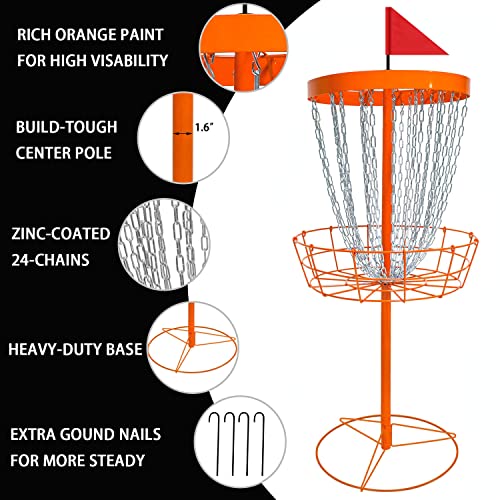 Disc Golf Basket - Portable Disc Golf Target with Heavy Duty 24-Chains Come with 6pcs Disc Golf Discs and Carry Bag, Ground Stake -Suitable for Players of All Levels - Multi Color Available - style: Plus-Orange- 6 PCS