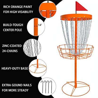 Disc Golf Basket - Portable Disc Golf Target with Heavy Duty 24-Chains Come with 6pcs Disc Golf Discs and Carry Bag, Ground Stake -Suitable for Players of All Levels - Multi Color Available - style: Plus-Orange- 6 PCS