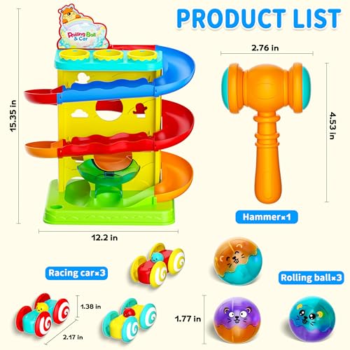 Funwee 2-in-1 Light Up Rolling Ball & Racing Car Ramp Toddler Toy, Race Track Hammer Ball Drop Toys, Interactive Montessori Learning Game for Kids 1-5+ Year Old Girl Boy Gift(Yellow) - color: Yellow