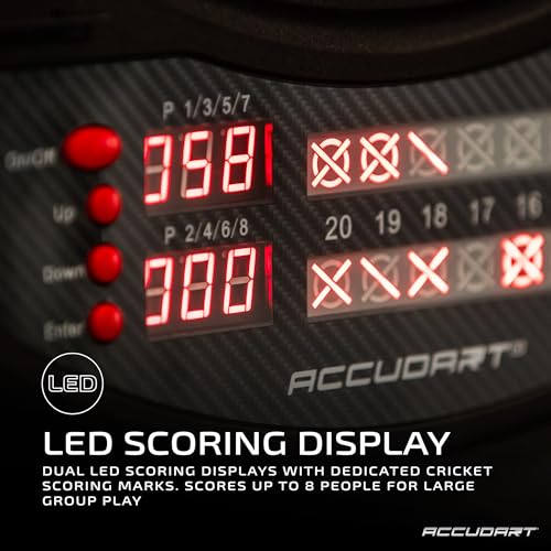 Accudart NOVA Electronic Dartboard with Cabinet – 35 Games, 580 Variations, Dual LED Scoring, Auto LED Cabinet Lighting, Virtual Opponent, AC/Battery Power – Includes Soft Tip Darts