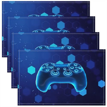Erosebridal Gamer Boys 4 PCS of Placemats 12x18 Game Controller Place Mat for Dining Table Honeycomb Hexagon Spots Non Slip Table Mats Blue Modern - color: Blue