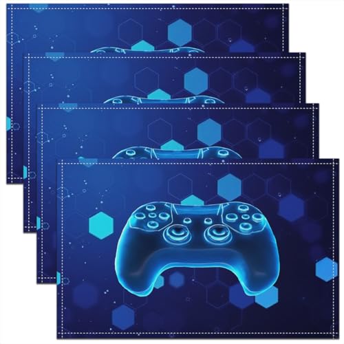 Erosebridal Gamer Boys 4 PCS of Placemats 12x18 Game Controller Place Mat for Dining Table Honeycomb Hexagon Spots Non Slip Table Mats Blue Modern - color: Blue