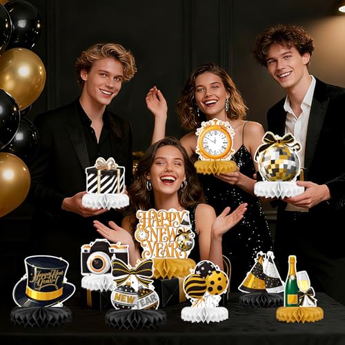 Happy New Year Party Decorations Bundle - Includes New Years Eve Honeycomb Centerpieces ，New Year Table Toppers, for Classroom Decor, New Year & Birthday Party Supplies - style: New Year