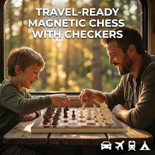 Wooden Magnetic Chess Set & Checkers Board Game, 15” Foldable Chess Board | Solid Wood 2-in-1 Board Game for Adults with Storage Box, 2 Extra Queens, Portable Travel Chess Set for Kids & Beginners - size: Large (15" x 15")