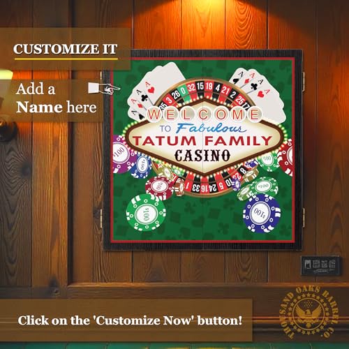 Personalized Dart Board Cabinet Set with 6 Steel Tip Darts, Paper Dartboard, Chalk & Eraser (21.5 x 21.5 x 2.75) - Man Cave Dart Boards for Adults - style: Casino