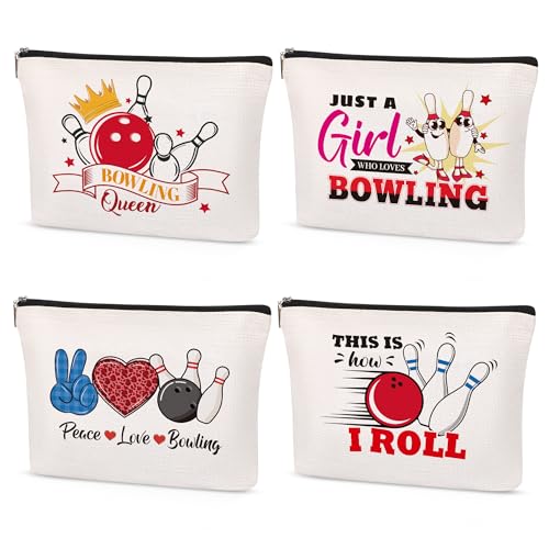 4 Pcs Bowling Gifts for women, Bowling Makeup Bag, Sport Accessories, Cosmetic Bag Zipper Pouch Gifts for Ball lover, Gym Lovers, Girls, Sister - style: Bowling