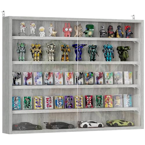 HOMCOM 5-Tier Display Cabinet, Glass Door Cabinet with Adjustable Shelves, Wall-Mounted Display Case for Playroom, Bedroom, Gray - color: Grey