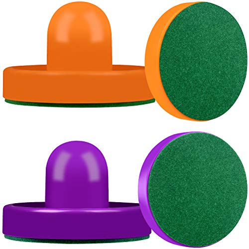ONE250 Air Hockey Pushers and Red Air Hockey Pucks, Goal Handles Paddles Replacement Accessories for Game Tables (4 Striker, 4 Puck Pack) - color: Orange & Purple