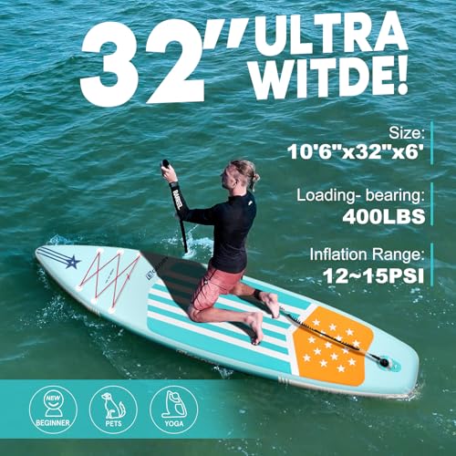 Inflatable Paddle Board,Stand Up Paddle Board Set, Extra Wide SUP Board with Removable Fin, Floating Paddle, Hand Pump, Waterproof Phone Pouch,Traveling Board - color: NF green