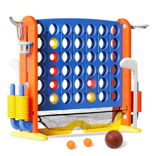 Ancaixin Giant 4 in-A-Row Connect Game Set, Adjustable Height Jumbo Yard Game with Basketball Hoop, Golf, Mesh Pocket & Ring Toss, Indoor Outdoor Family Backyard Party Game for Kids and Adults, Blue - color: Blue