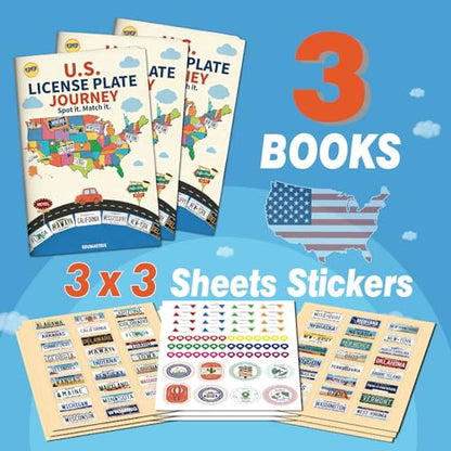 US License Plate Journey Educational Game, State Geography Learning Activity Book with Stickers, Road Trip Matching Game
