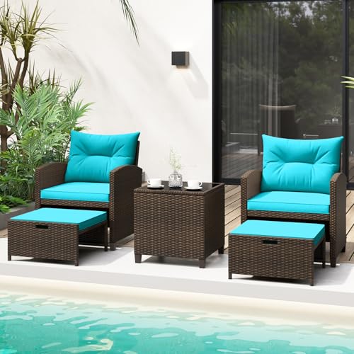 Tangkula 5 Pieces Patio Conversation Set, PE Wicker Outdoor Furniture Set with 2 Chairs, 2 Ottomans & Tempered Glass Coffee Table, Ideal for Poolside, Backyard, Lawn, Deck, Mix Brown & Turquoise - color: Mix Brown & Turquoise