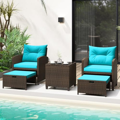 Tangkula 5 Pieces Patio Conversation Set, PE Wicker Outdoor Furniture Set with 2 Chairs, 2 Ottomans & Tempered Glass Coffee Table, Ideal for Poolside, Backyard, Lawn, Deck, Mix Brown & Turquoise - color: Mix Brown & Turquoise
