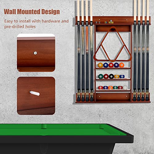 GYMAX Pool Stick Holder, Wall Mount 8 Pool Cue Rack made of 100% Pine Wood, Billiard Cue Racks Pool Table Accessories for Game Room Club Men Cave