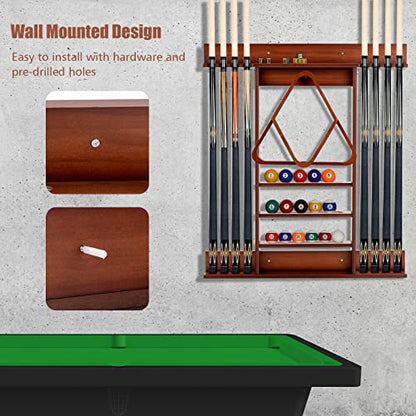 GYMAX Pool Stick Holder, Wall Mount 8 Pool Cue Rack made of 100% Pine Wood, Billiard Cue Racks Pool Table Accessories for Game Room Club Men Cave