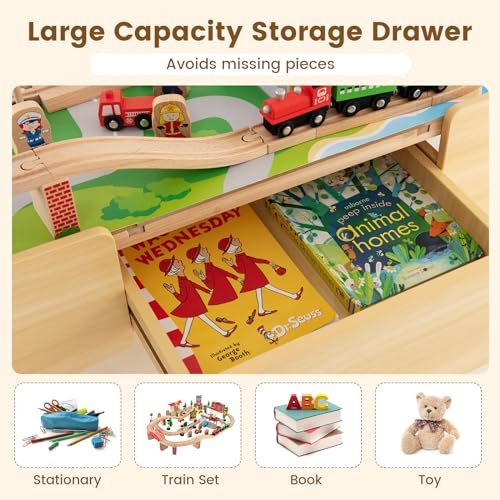 Costzon Train Table, 3-in-1 Wooden Train Set Table w/Reversible 84 PCS Track Train Toys, Table Map & Storage Drawer for Building, Playing, Studying, Kids Activity Table for Toddlers Aged 18 M+ - size: 38" x 24.5" x 15.5" (L x W x H)