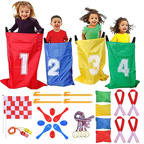 GOLDGE 28 Piece Outdoor Games Kit for Kids, Includes Potato Sack Race Bags, Bean Bag Toss, 3 Legged Race Bands, Egg Spoon Relay, for Easter & Birthday Parties (Potato Sack Race Bags) - size: 26.2 x18.9"