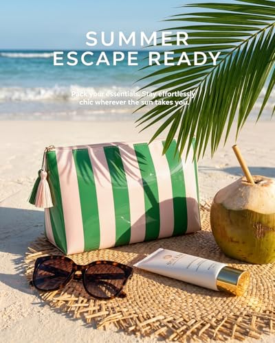 LETGO Green Pink Striped Waterproof PVC Beach Makeup Bag with Tassel Zipper, Large Preppy Coastal Summer Beach Vacation Travel Toiletry Cosmetic Pouch for Women(Green Pink) - color: Green Pink