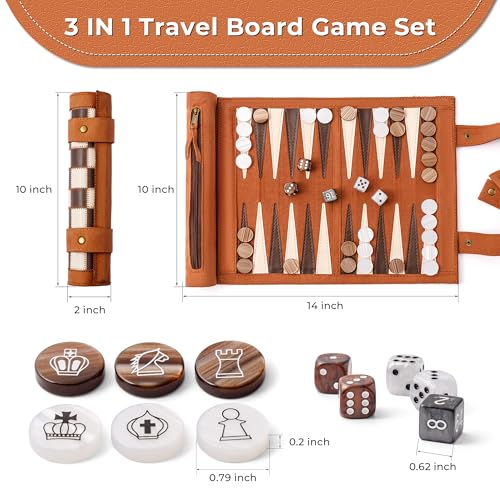 Woodronic 3 in 1 Travel Chess Backgammon Checkers Set, Roll-up Leather Backgammon Set with 32 Premium Pearl Pieces and 5 Dices, Portable Travel Chess Board Game Set for Adult,14x10 Inch - color: Brown